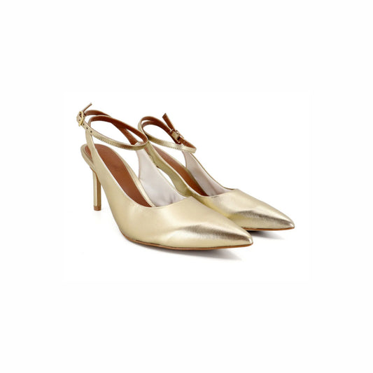 Slingback Metalizado Salto Fino Couro Tira Tornozelo